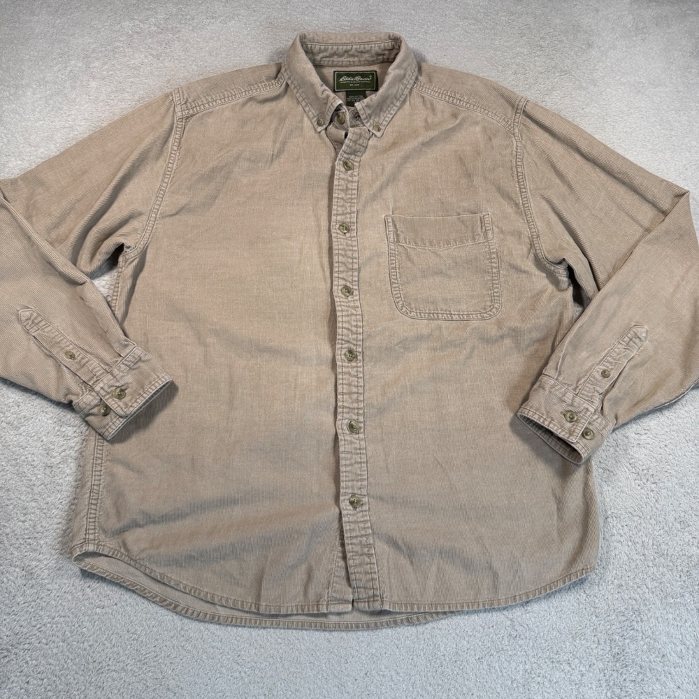 Vintage Y2K Eddie Bauer Button Down Mens M Tan Corduroy Long Sleeve Shirt VTG